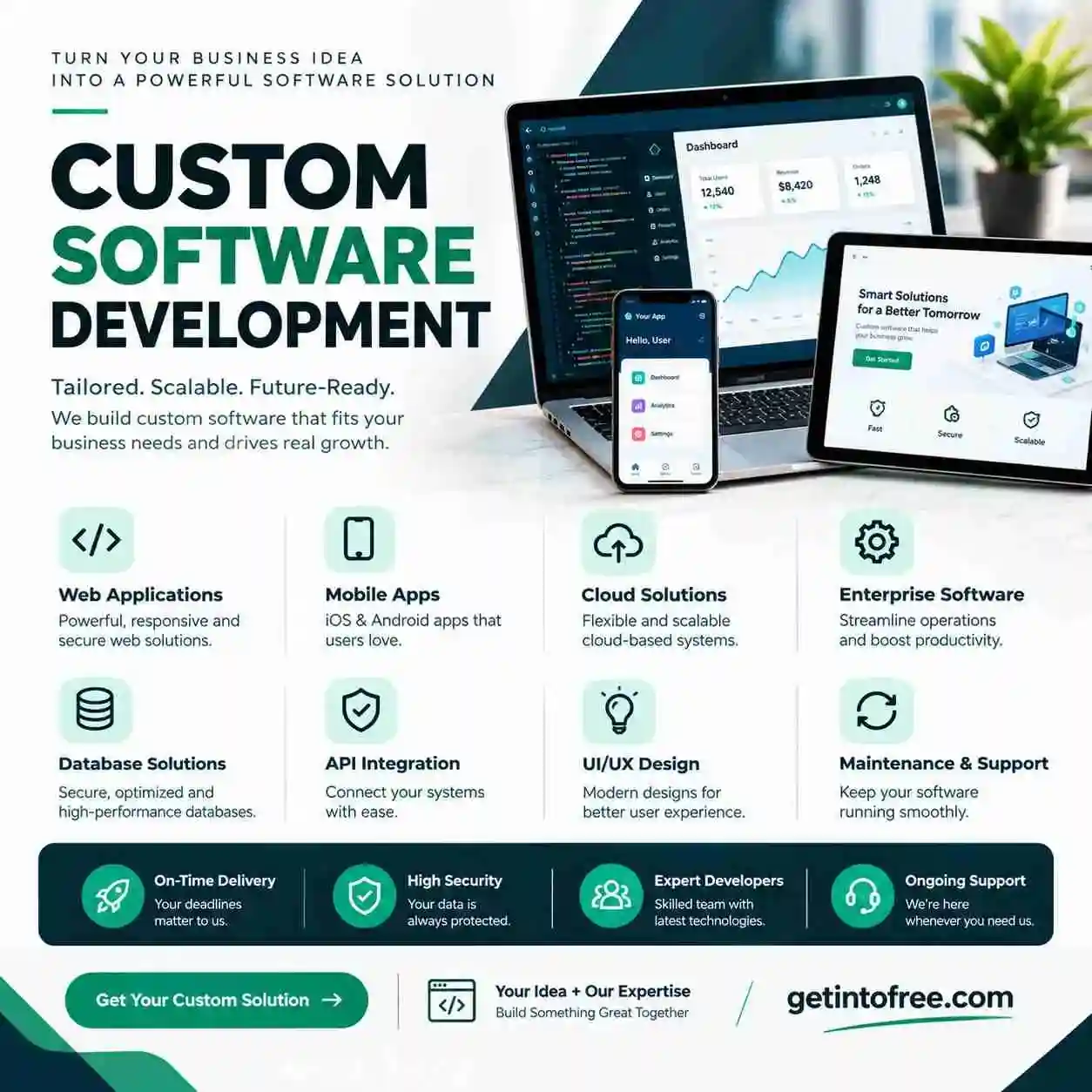 Custom software development services for businesses Professional custom software development solutions Business software development and application services Custom web application and software development Enterprise software development solutions for businesses Scalable custom software development services Professional software application development company Custom business management software development Secure and scalable software development solutions GetIntoFree custom software development services