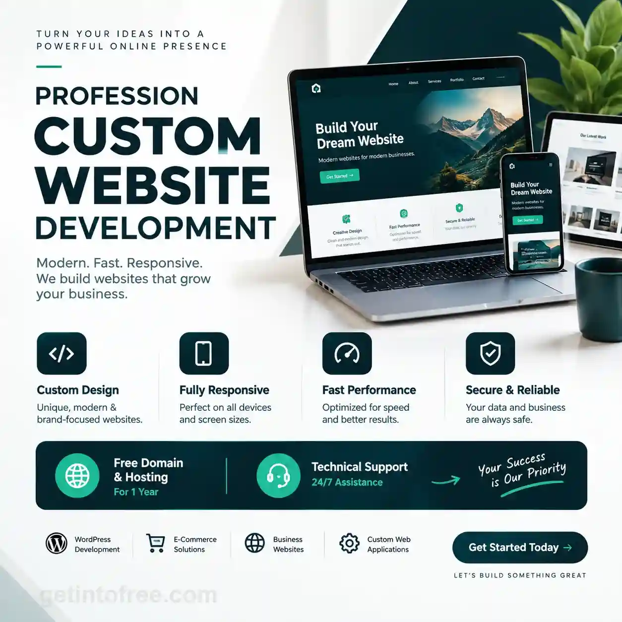 Custom website development services for modern businesses Professional responsive website development services Custom web design and development for businesses Modern business website development service Responsive website development for desktop and mobile Professional WordPress website development services Custom ecommerce website development solutions Business website design and development services Fast and secure custom website development GetIntoFree professional website development services